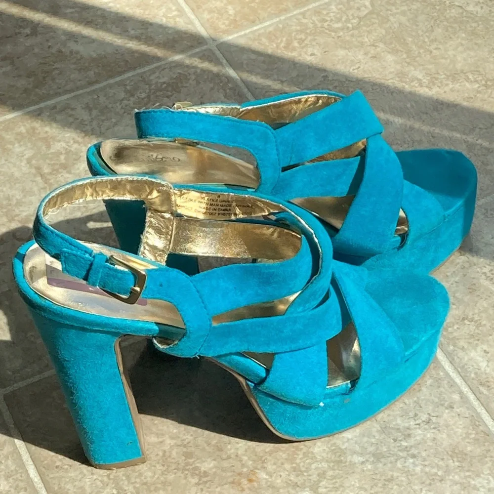 Mossino Turquoise Suede Platform Sandals Heels Size 8 - Picture 2 of 16